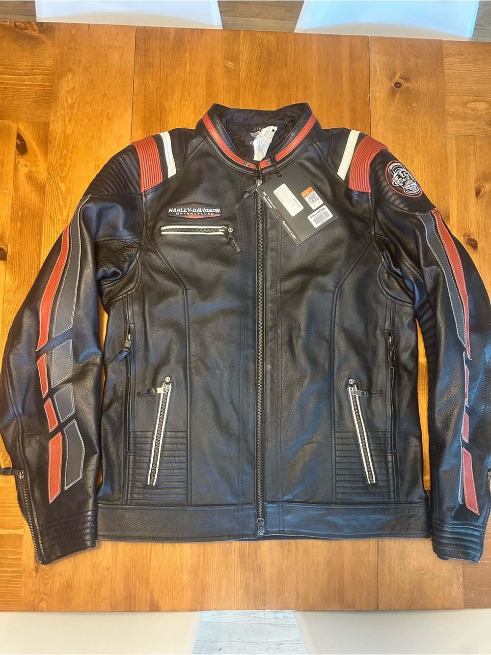 Harley-Davidson Black Leather Jacket with Orange and White Accents